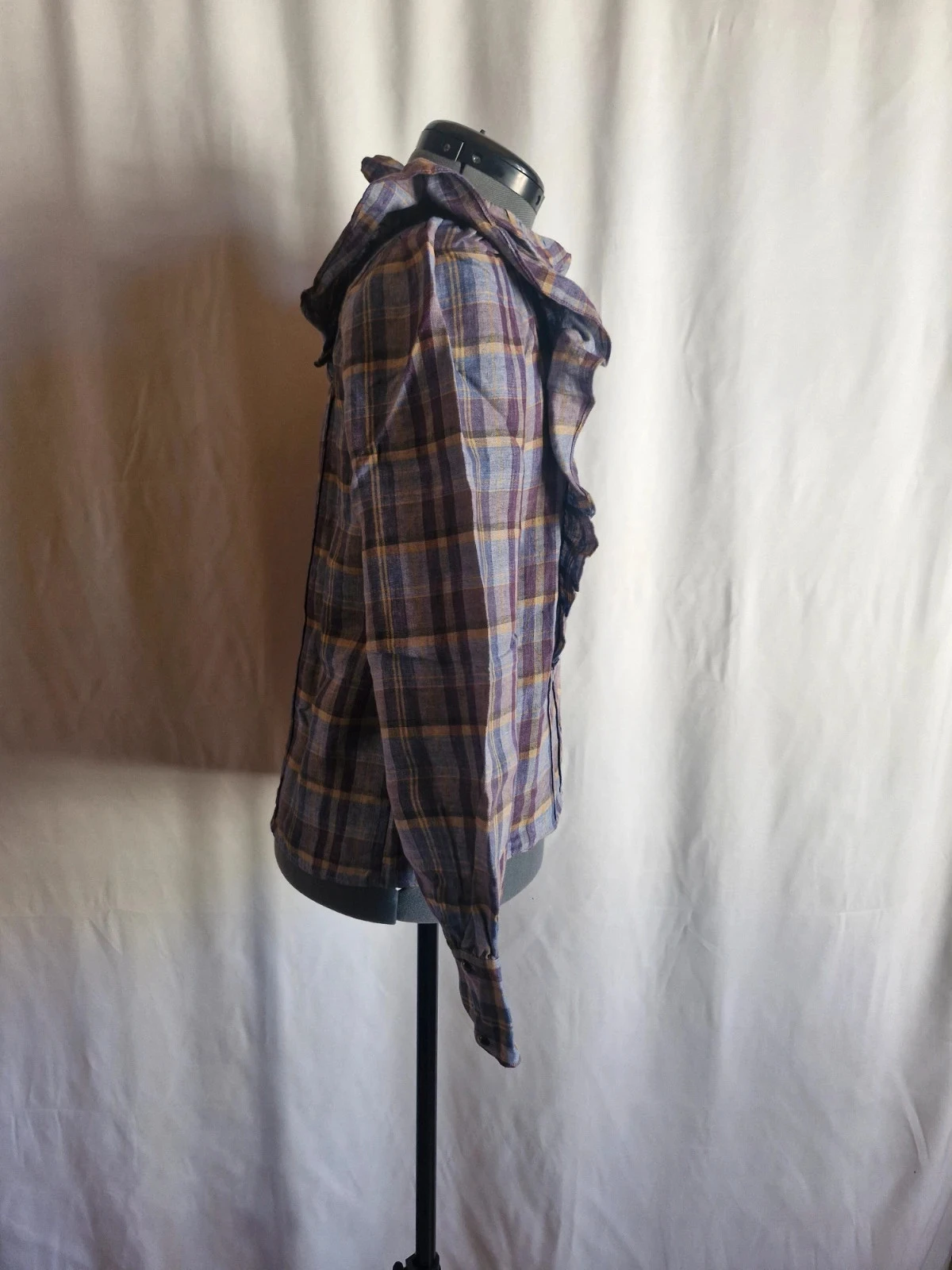 Sézane Violet Blue Checked Shirt Blouse 34 100% Linen with Ruffle – photo 3